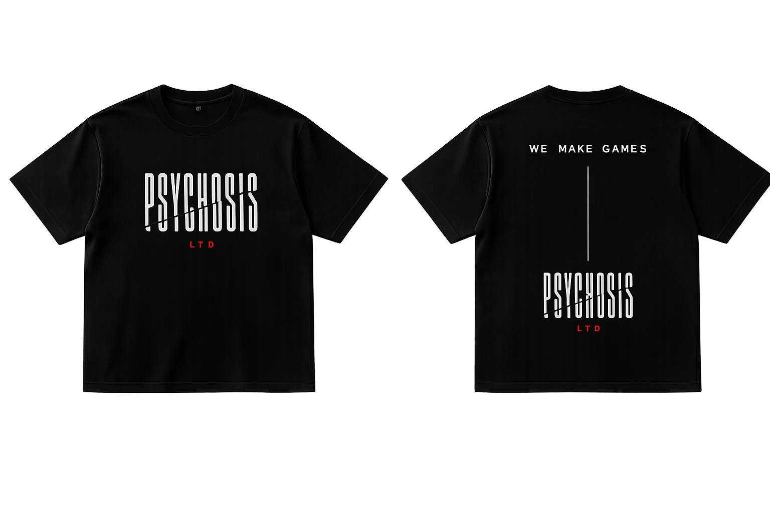 Black Psychosis Ltd studio T-shirt shown from the front and back