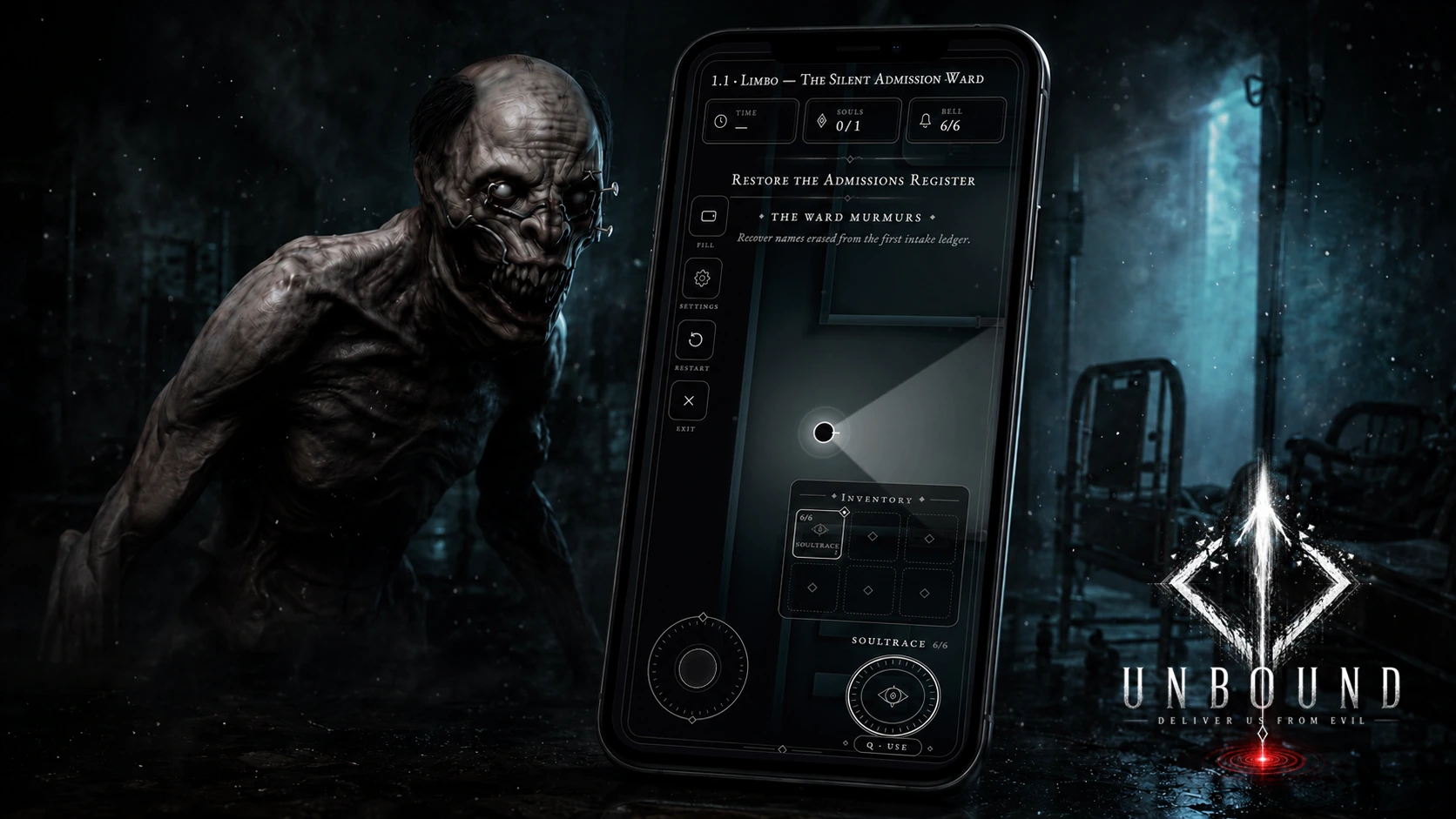 Unbound key art showing a monstrous figure in a ruined hospital beside a phone displaying the game interface